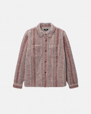 Stussy Csíkos Sherpa Shirt - Unisex Tops Shirts Piros | BHUSD58325