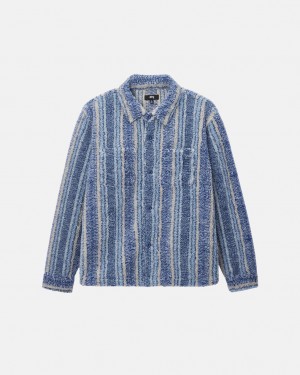 Stussy Csíkos Sherpa Shirt - Unisex Tops Sötétkék | EHUHC96163