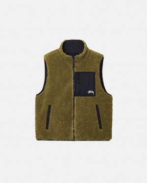 Stussy Sherpa Reversible Vest - Unisex Jackets Olivazöld | QHUWA29321