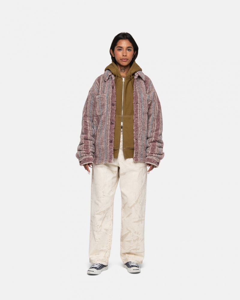 Stussy Csíkos Sherpa Shirt - Unisex Tops Piros | DHUKV68165