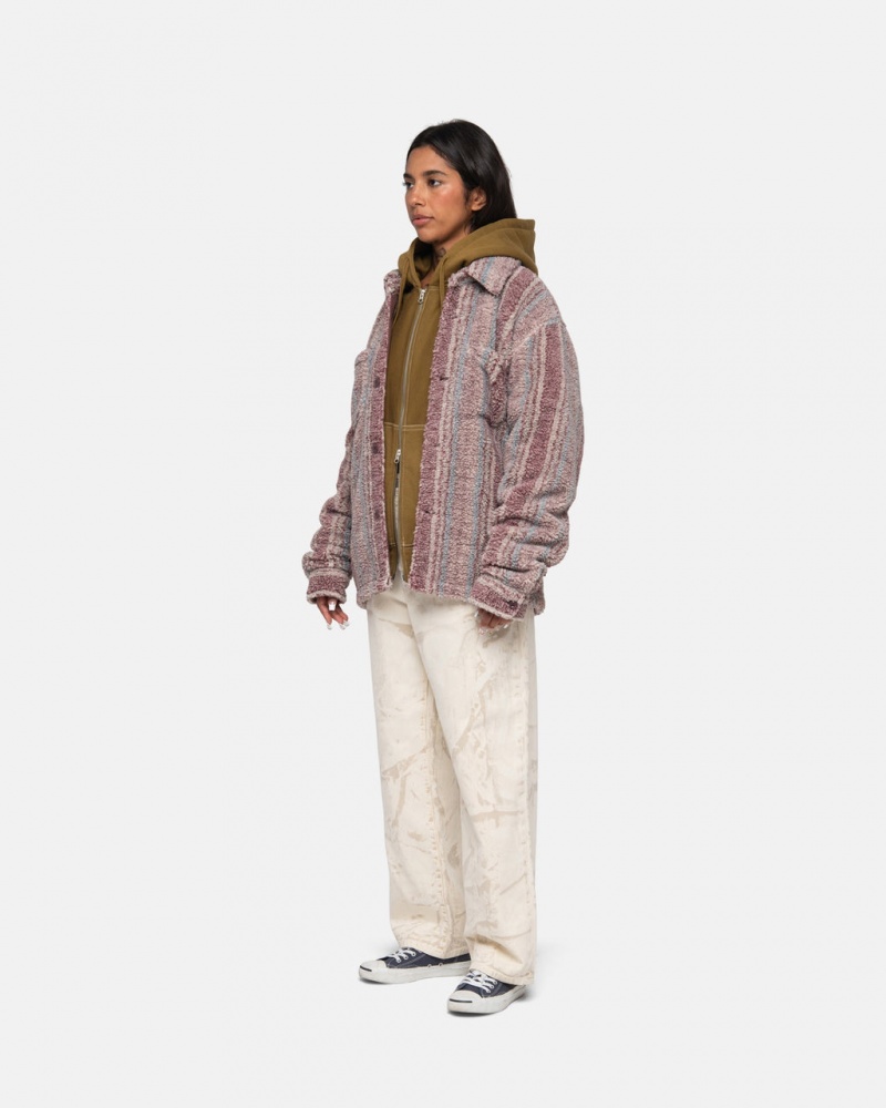 Stussy Csíkos Sherpa Shirt - Unisex Tops Piros | DHUKV68165