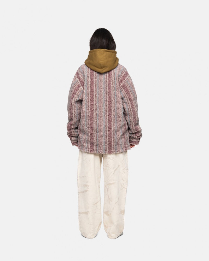 Stussy Csíkos Sherpa Shirt - Unisex Tops Piros | DHUKV68165