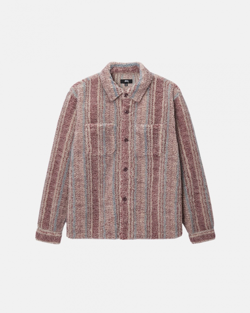 Stussy Csíkos Sherpa Shirt - Unisex Tops Piros | DHUKV68165