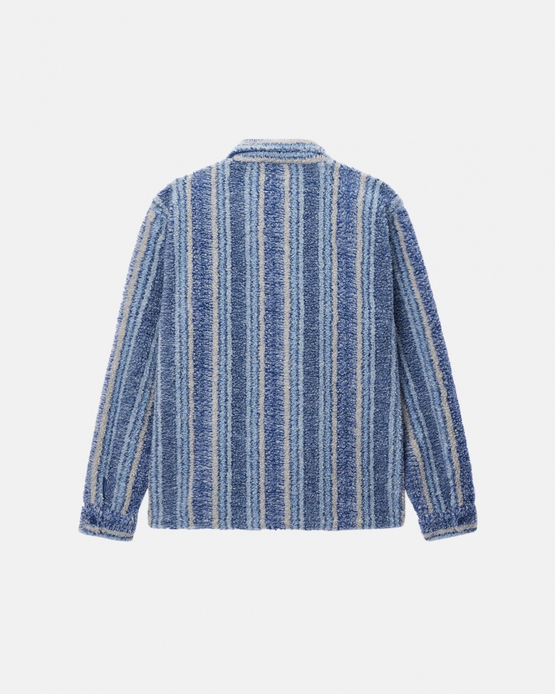 Stussy Csíkos Sherpa Shirt - Unisex Tops Shirts Sötétkék | FHUUI42292