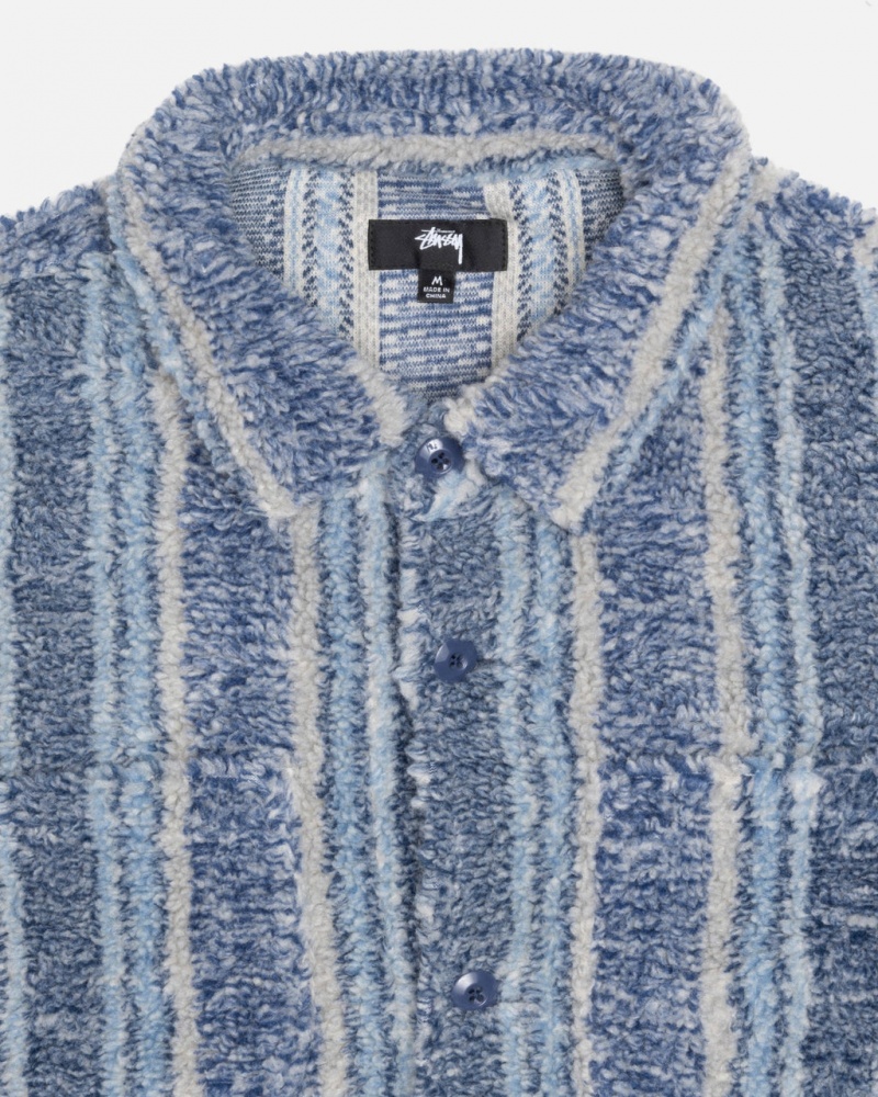 Stussy Csíkos Sherpa Shirt - Unisex Tops Shirts Sötétkék | FHUUI42292