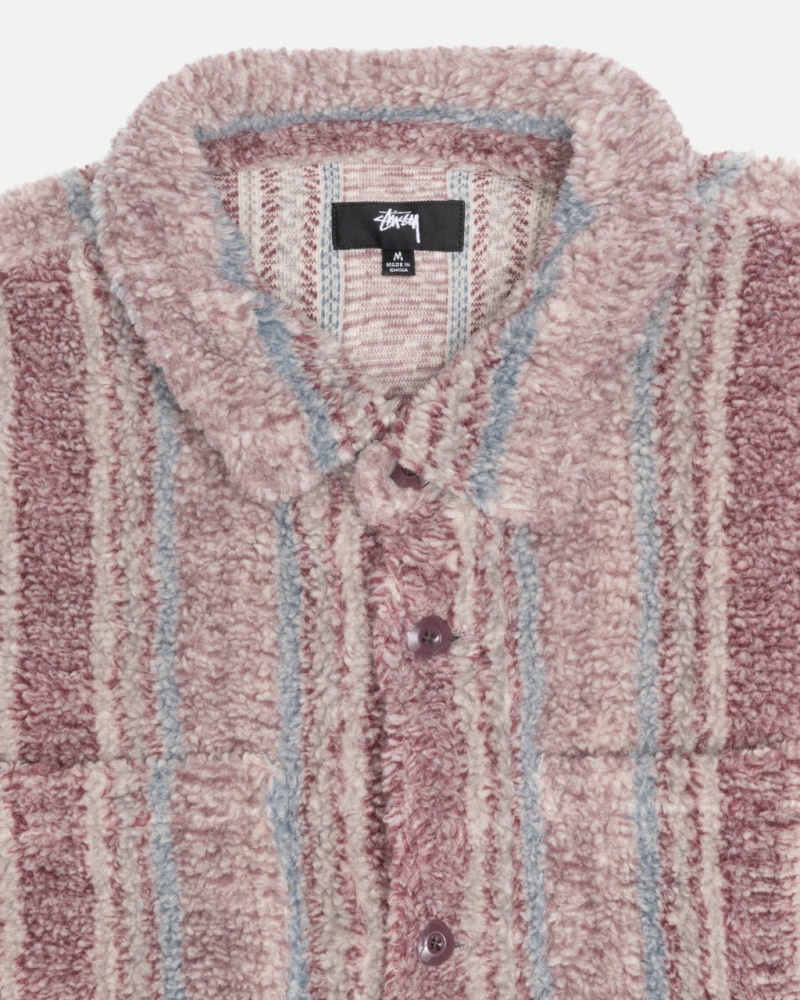 Stussy Csíkos Sherpa Shirt - Unisex Tops Shirts Piros | BHUSD58325