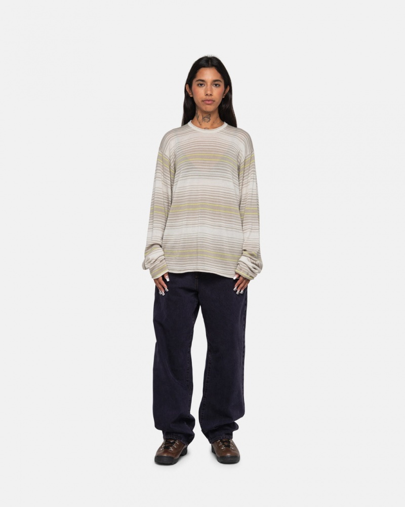 Stussy Horizontal Stripe Pulóver - Unisex Sweaters Knits Bézs | QHUUV80310