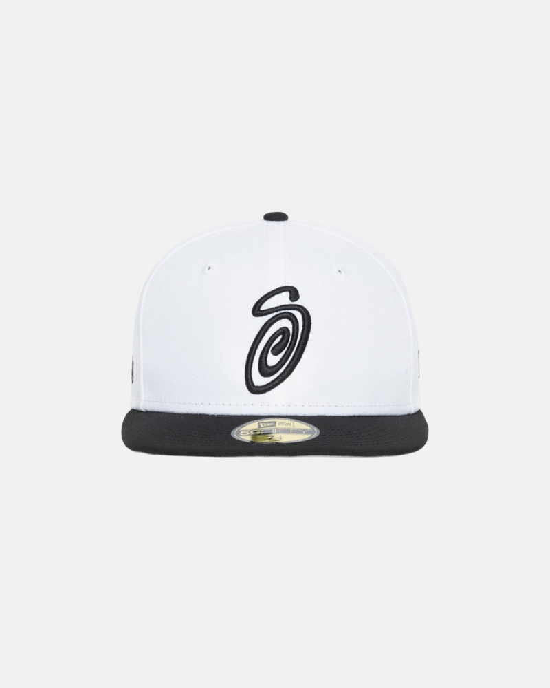 Stussy New Era 59Fifty Curly S - Unisex Fehér Fekete | YHUVQ52779