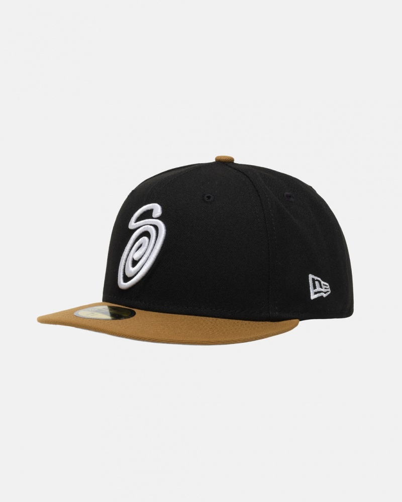 Stussy New Era 59Fifty Curly S - Unisex Fekete Arany | LHUTR27293