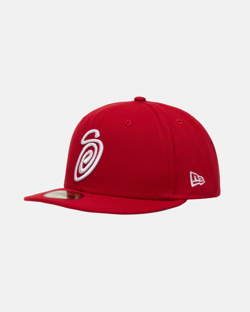 Stussy New Era 59Fifty Curly S - Unisex Piros | THUPQ50127