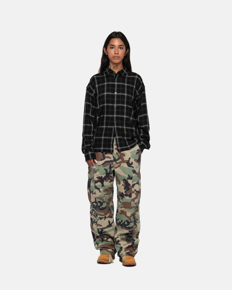 Stussy Shadow Plaid Rayon Shirt - Unisex Tops Fekete | GHUUC68979