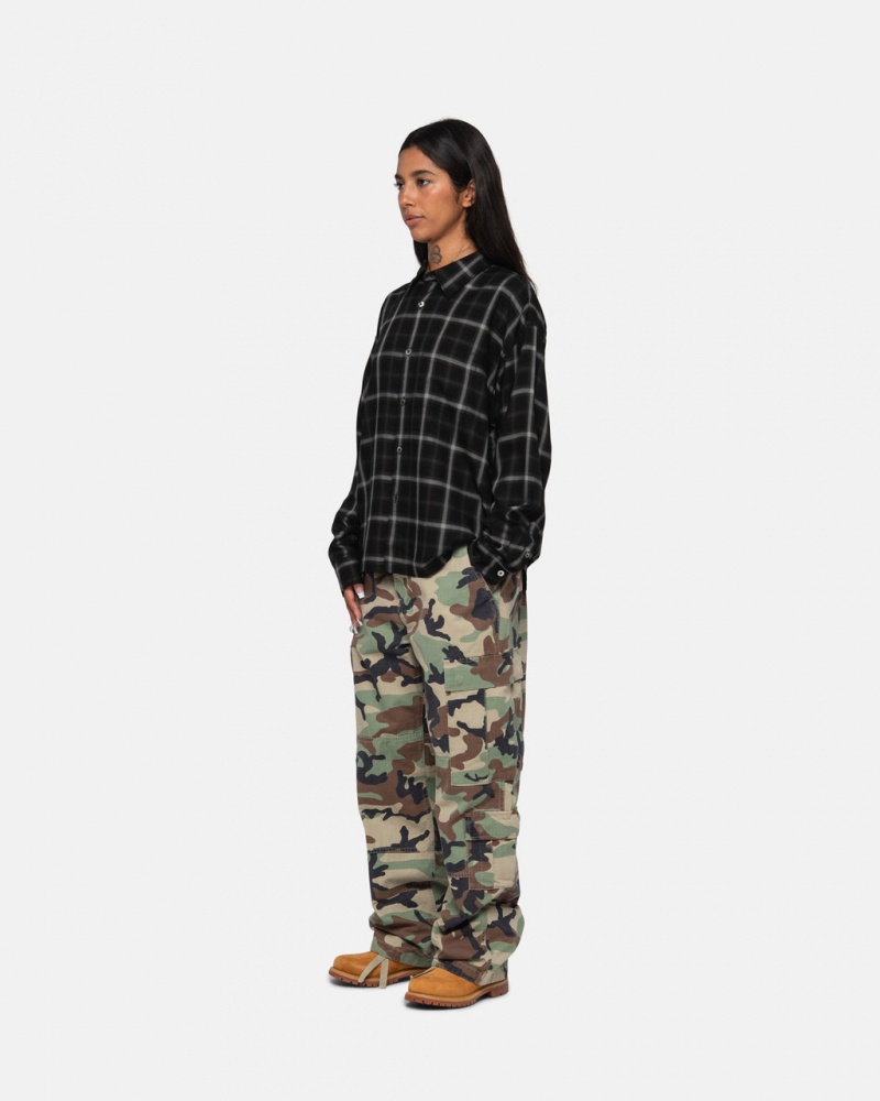 Stussy Shadow Plaid Rayon Shirt - Unisex Tops Fekete | GHUUC68979