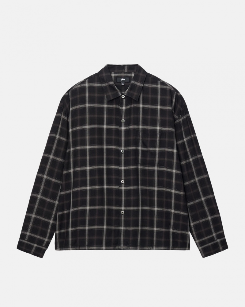 Stussy Shadow Plaid Rayon Shirt - Unisex Tops Fekete | GHUUC68979