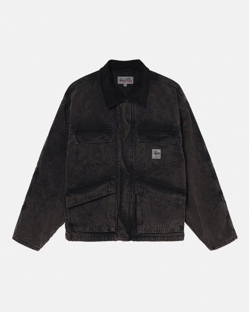 Stussy Shop Jacket Washed Vászon - Unisex Jackets Fekete | HUEGJ54192